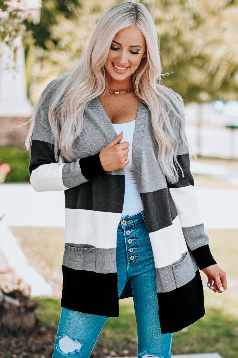 Color Block Open Front Ribbed Cuff Cardigan with Pockets