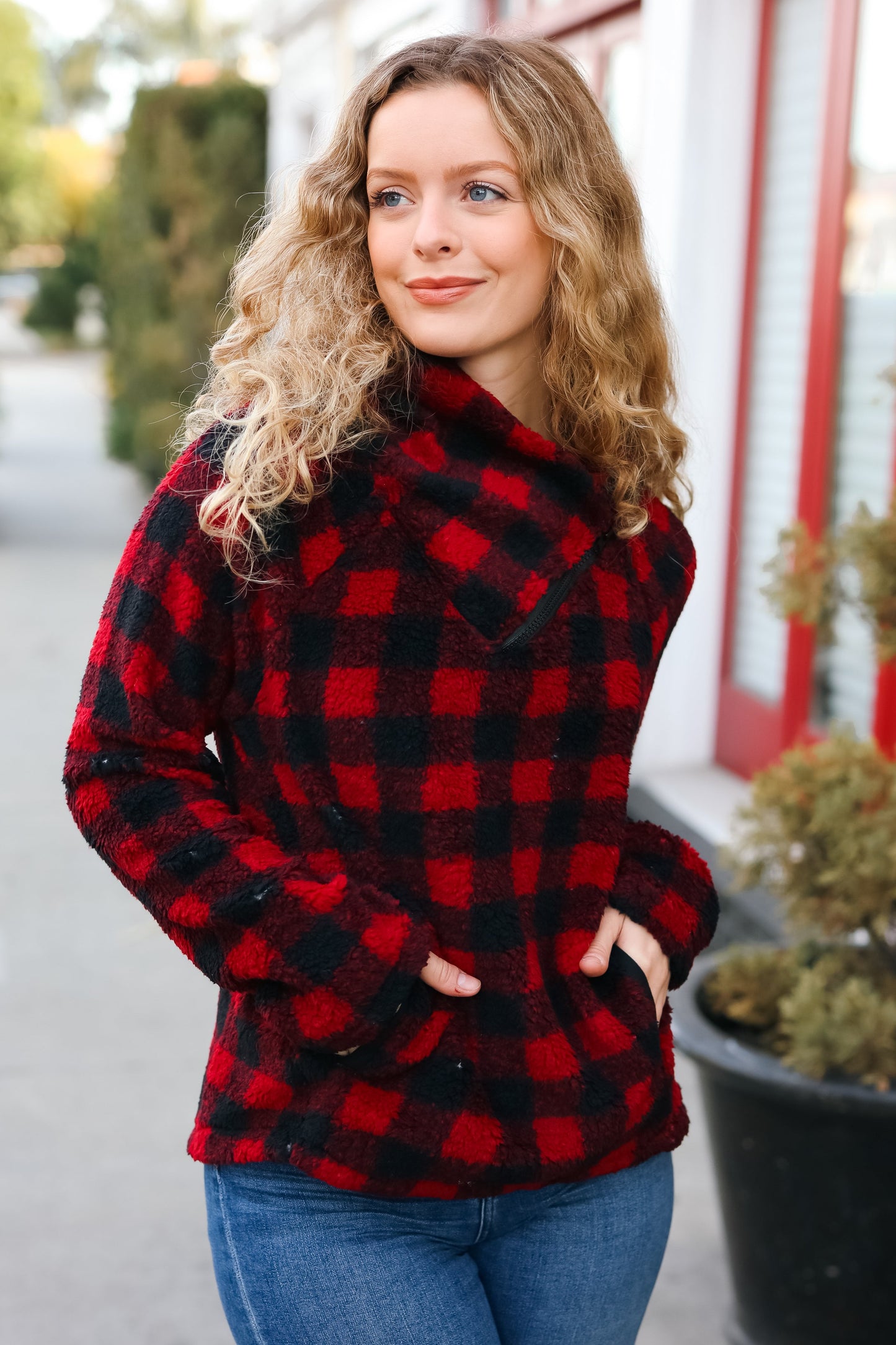 Cozy Red Sherpa Plaid Asymmetrical Zip Sweater Top