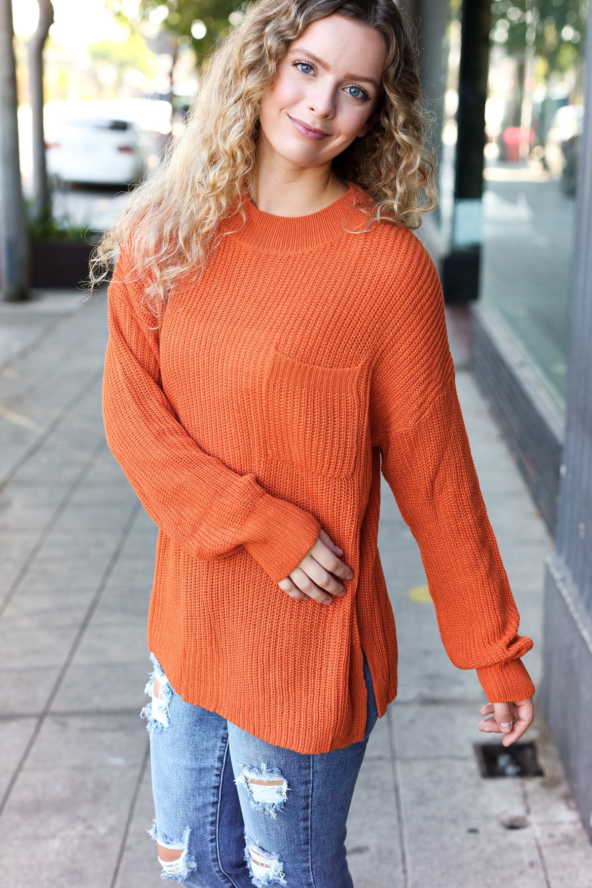 Pumpkin Spice Mock Neck Chest Pocket Knit Sweater