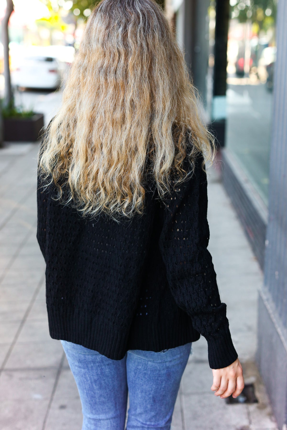 Follow Me Black Pointelle Knit Button Down Cardigan