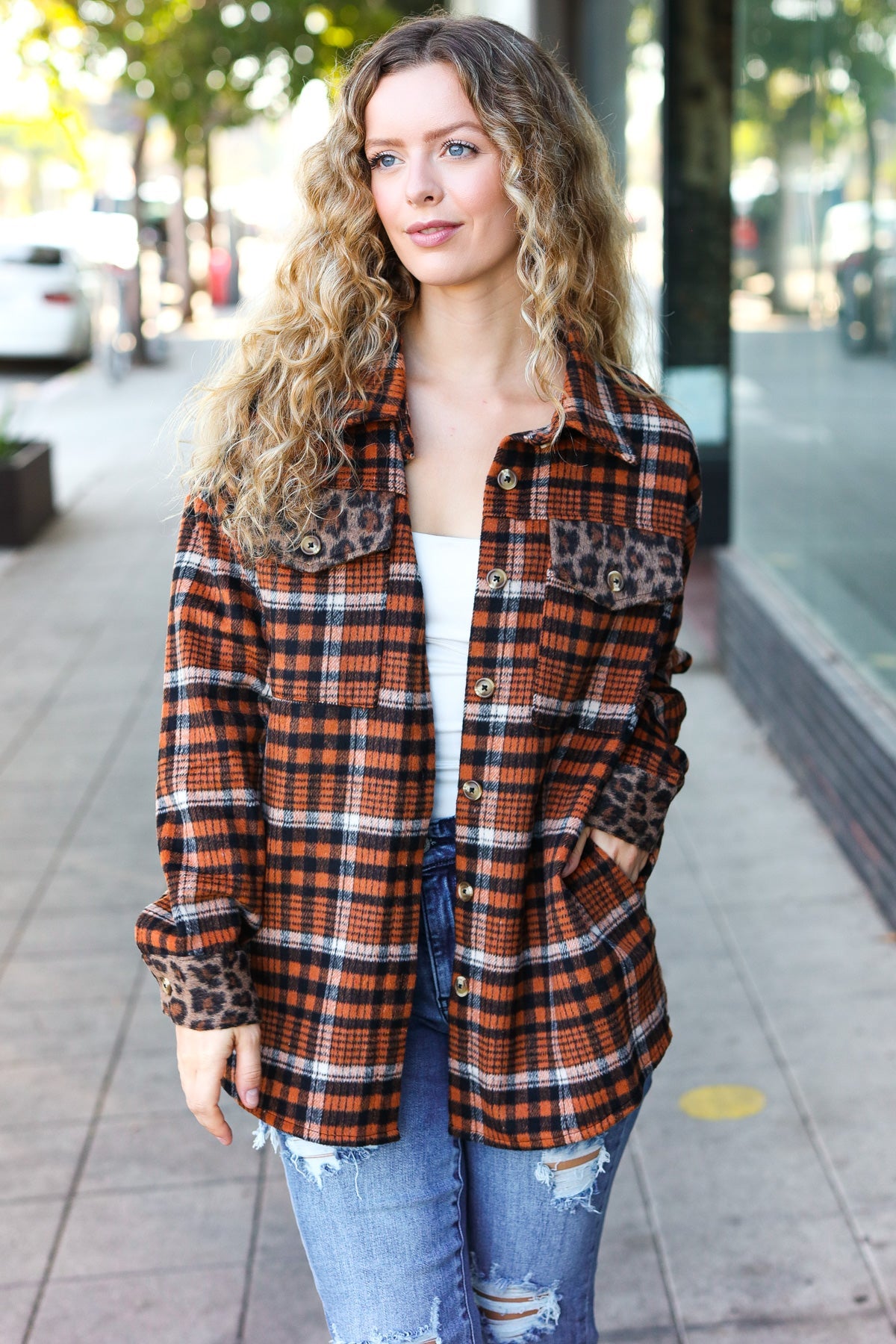 Put Together Rust Plaid & Animal Print Button Down Jacket