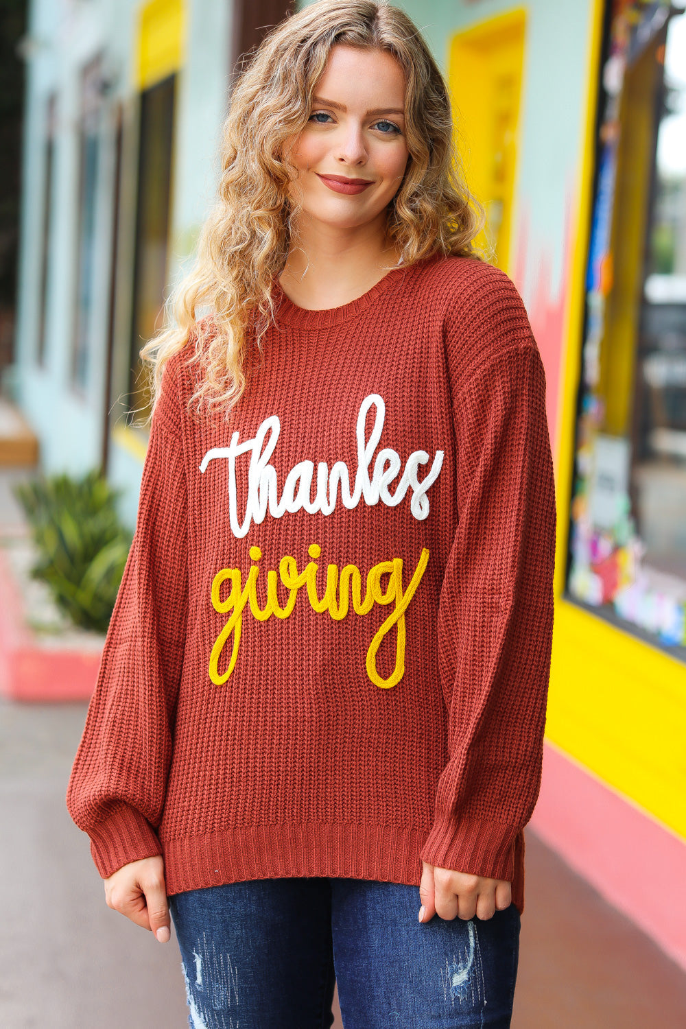 All I Want Thanksgiving Pop Up Embroidery Chunky Sweater