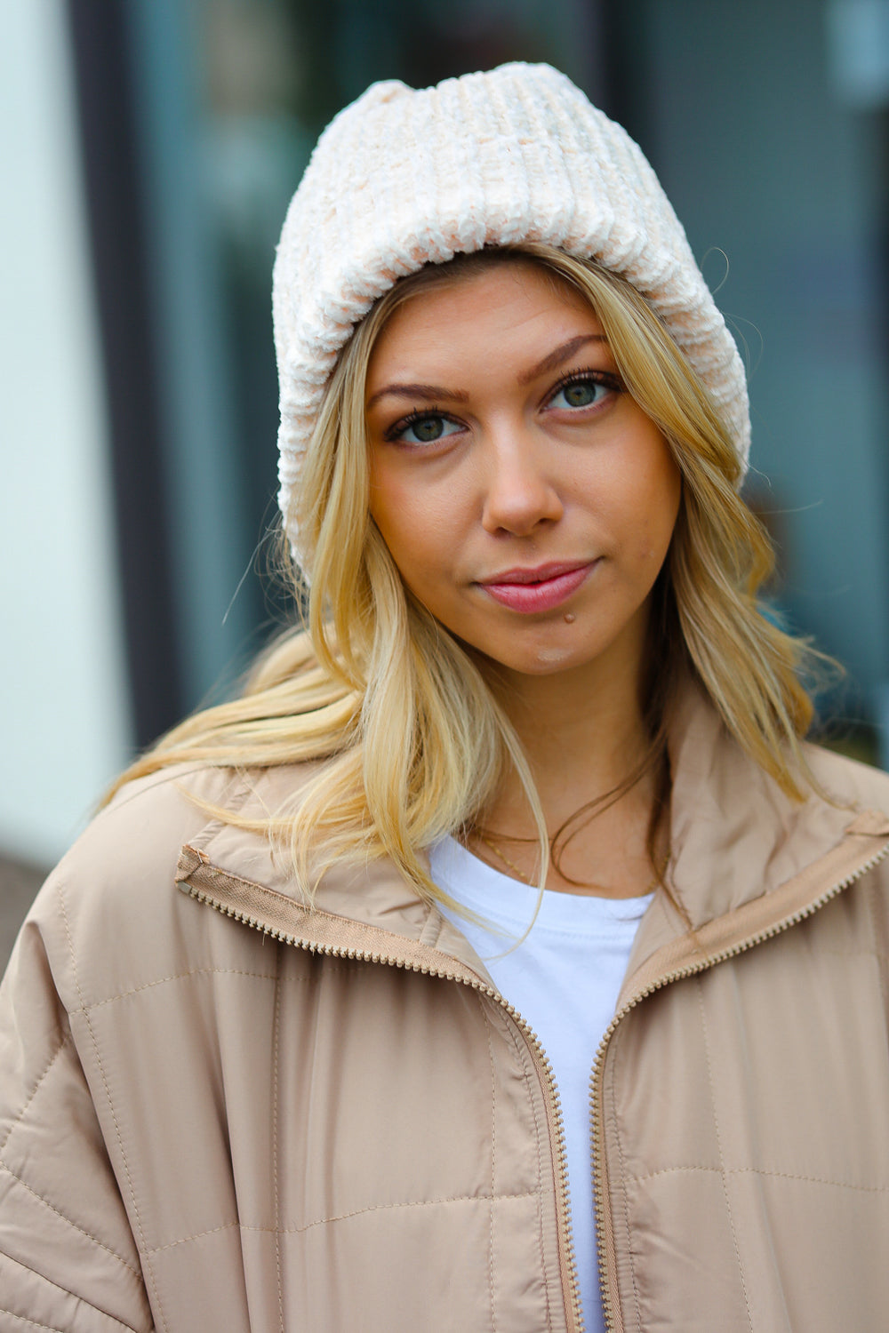 Cream Knit Velvet Chenille Fold Over Beanie