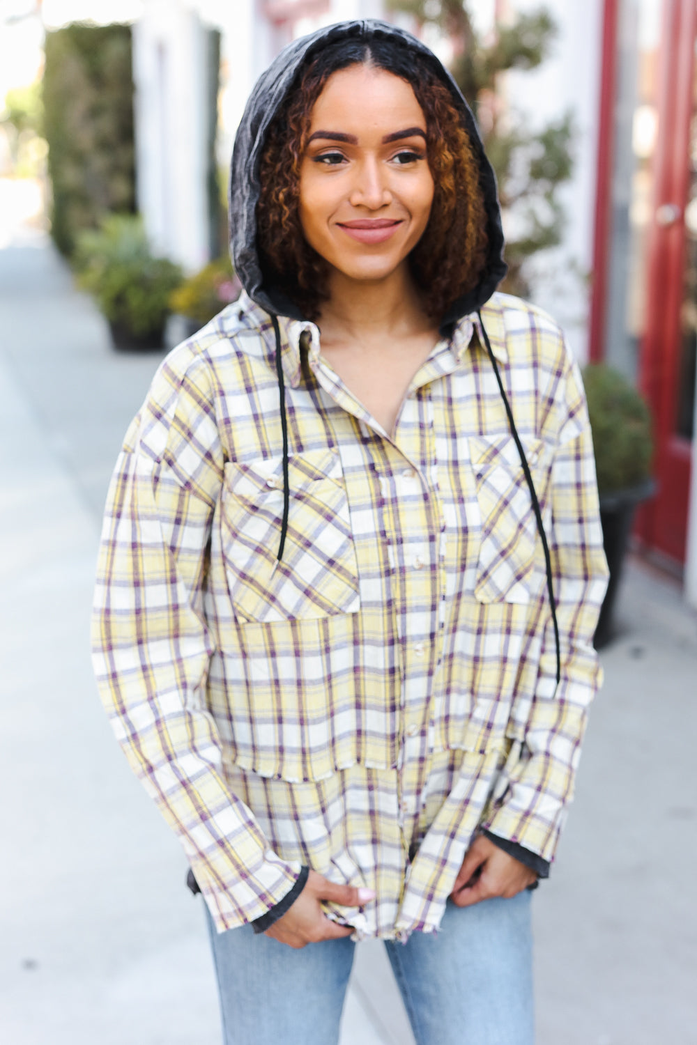 Casual Living Taupe & Yellow Plaid Two Fer Shacket Hoodie