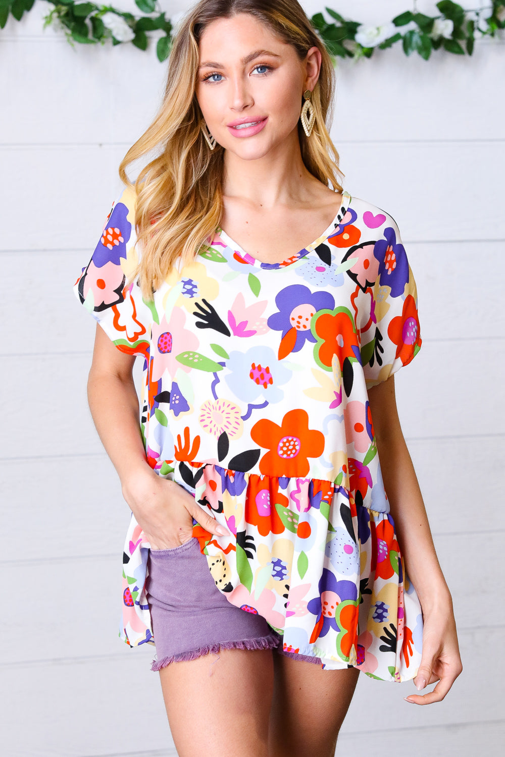 Multicolor Flat Floral V Neck Woven Babydoll Top