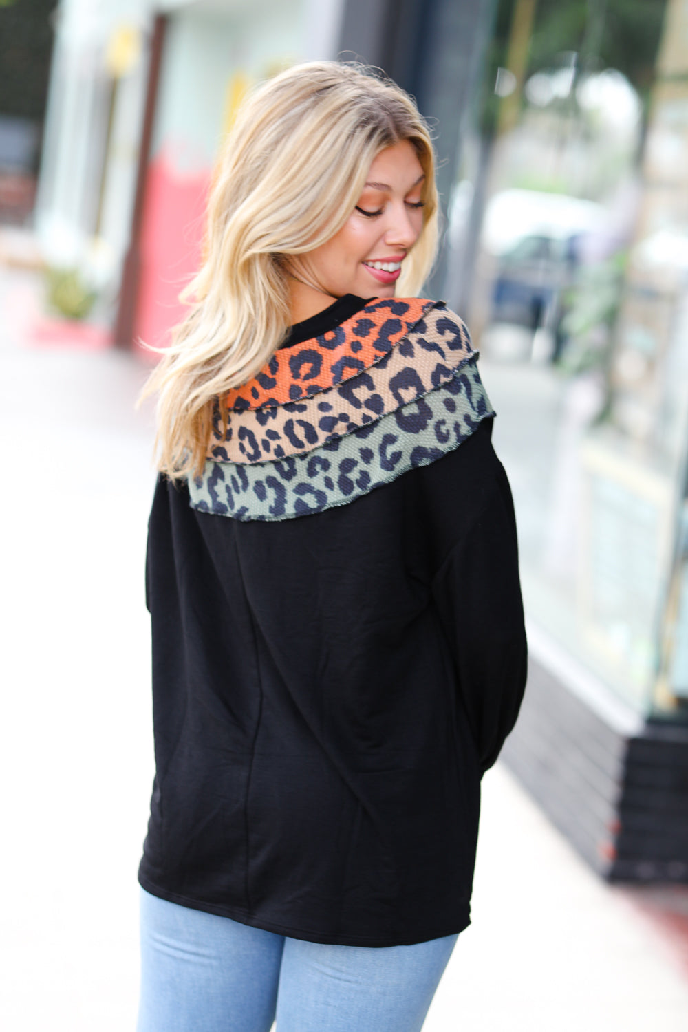 Black Multicolor Leopard Waffle Out Seam Top