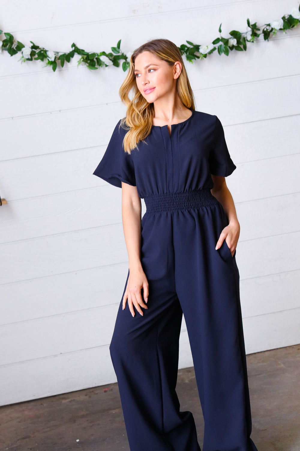 Dark Blue Smocked Waist Notch Neck Crepe Jumpsuit