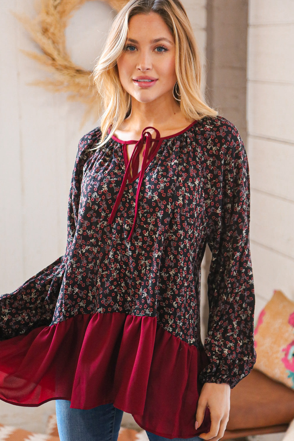 Wine Ditzy Floral Front Tie Ruffle Hem Top