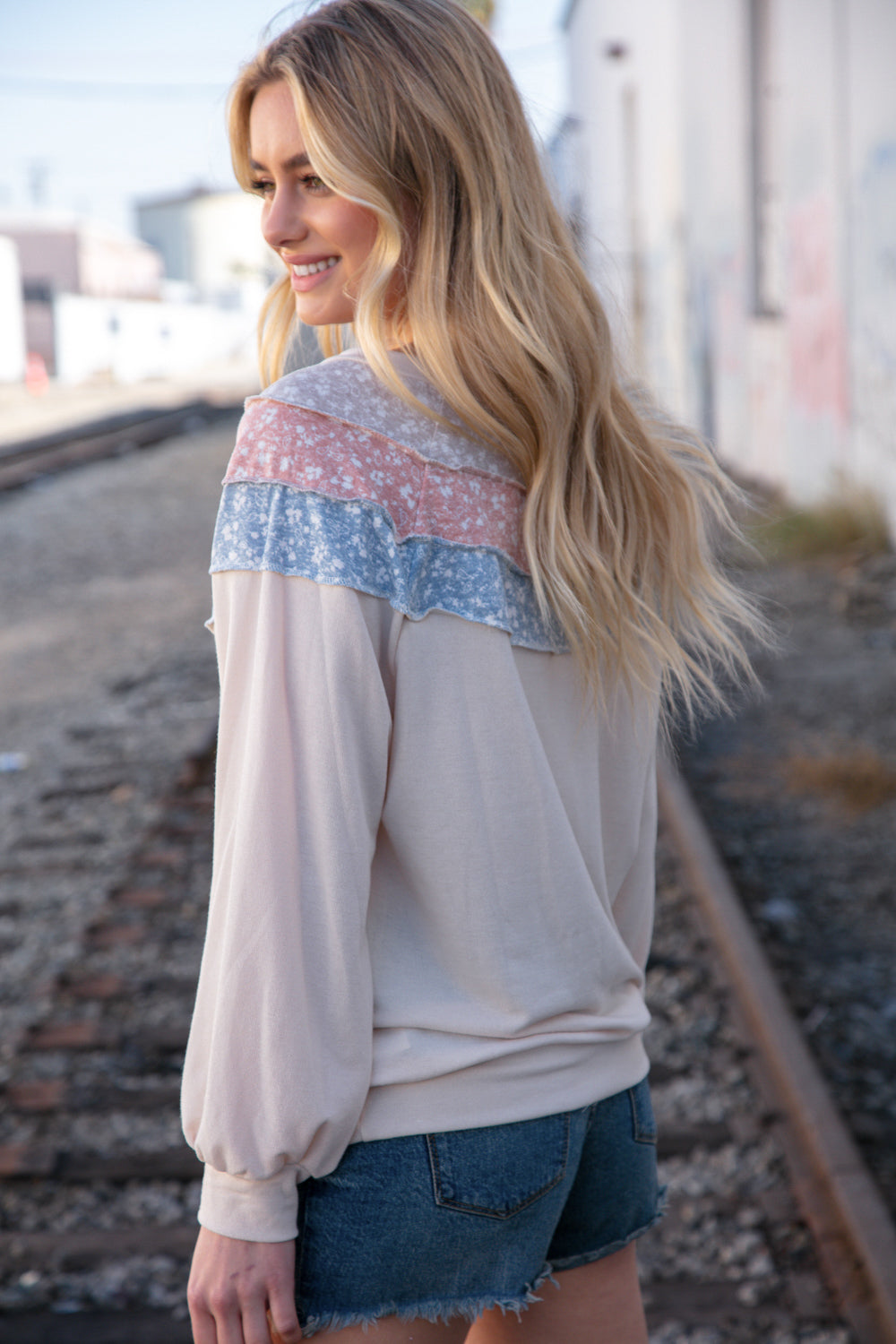 Taupe & Sky Blue Thermal Knit Out Seam Stitch Pullover