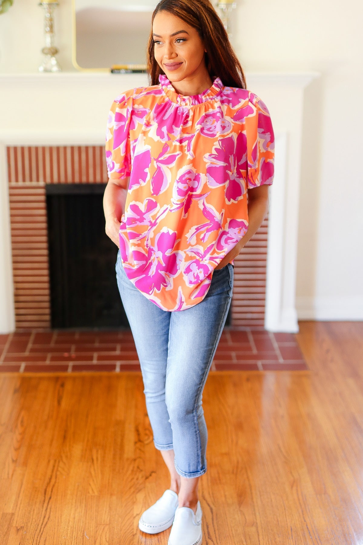 Feel Your Best Fuchsia Orange Floral Print Frill Mock Neck Top