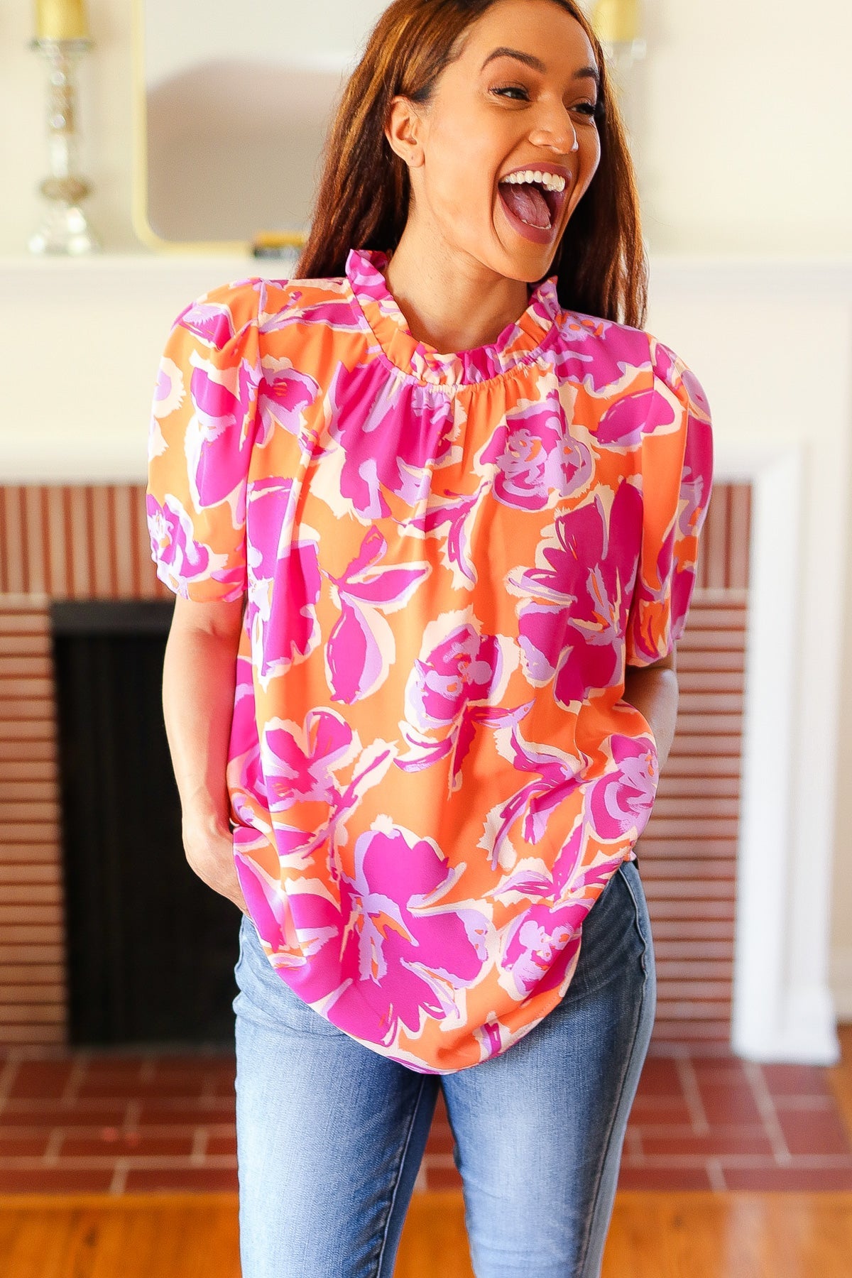 Feel Your Best Fuchsia Orange Floral Print Frill Mock Neck Top