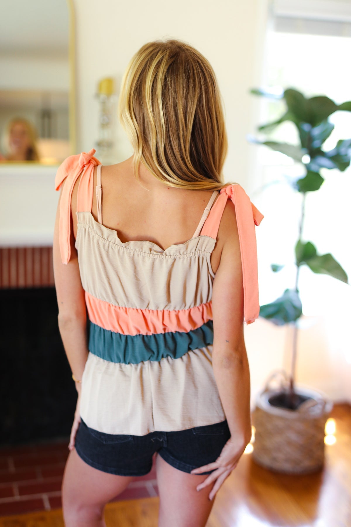 Peach Tie Knot Shoulder Detail Color Block Top