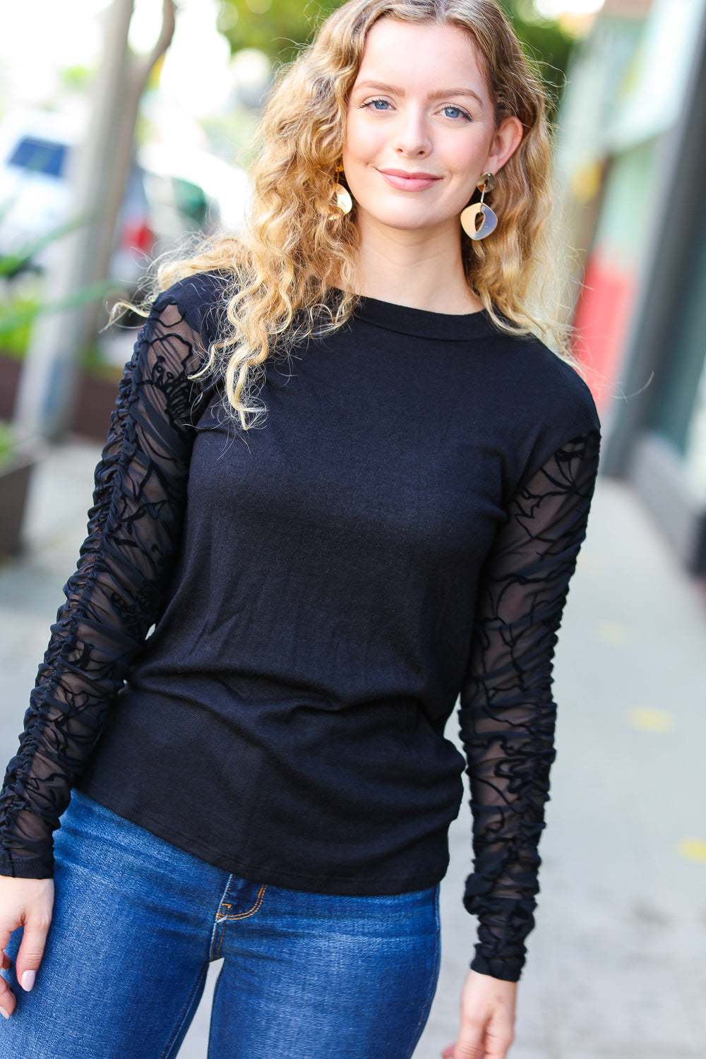 Can't Help But Love Black Shirred Velvet Mesh Blouse