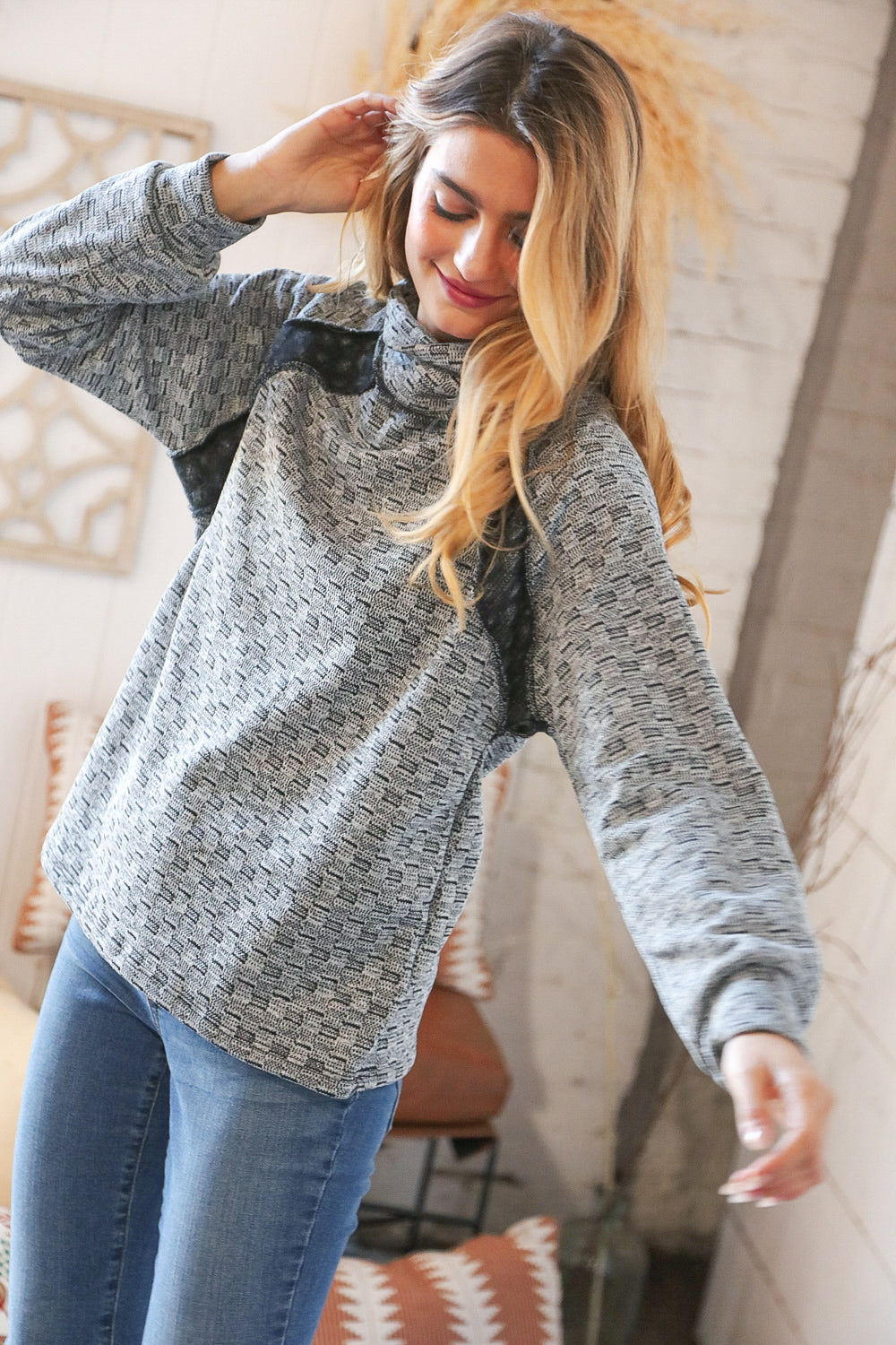 Grey Turtleneck Textured Jacquard Sweater Top