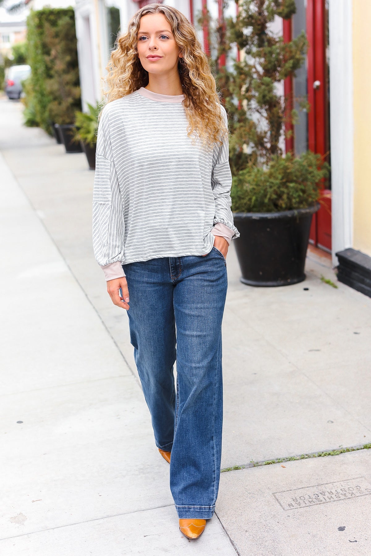 Spread Joy Grey & Ivory Striped Oversized Top