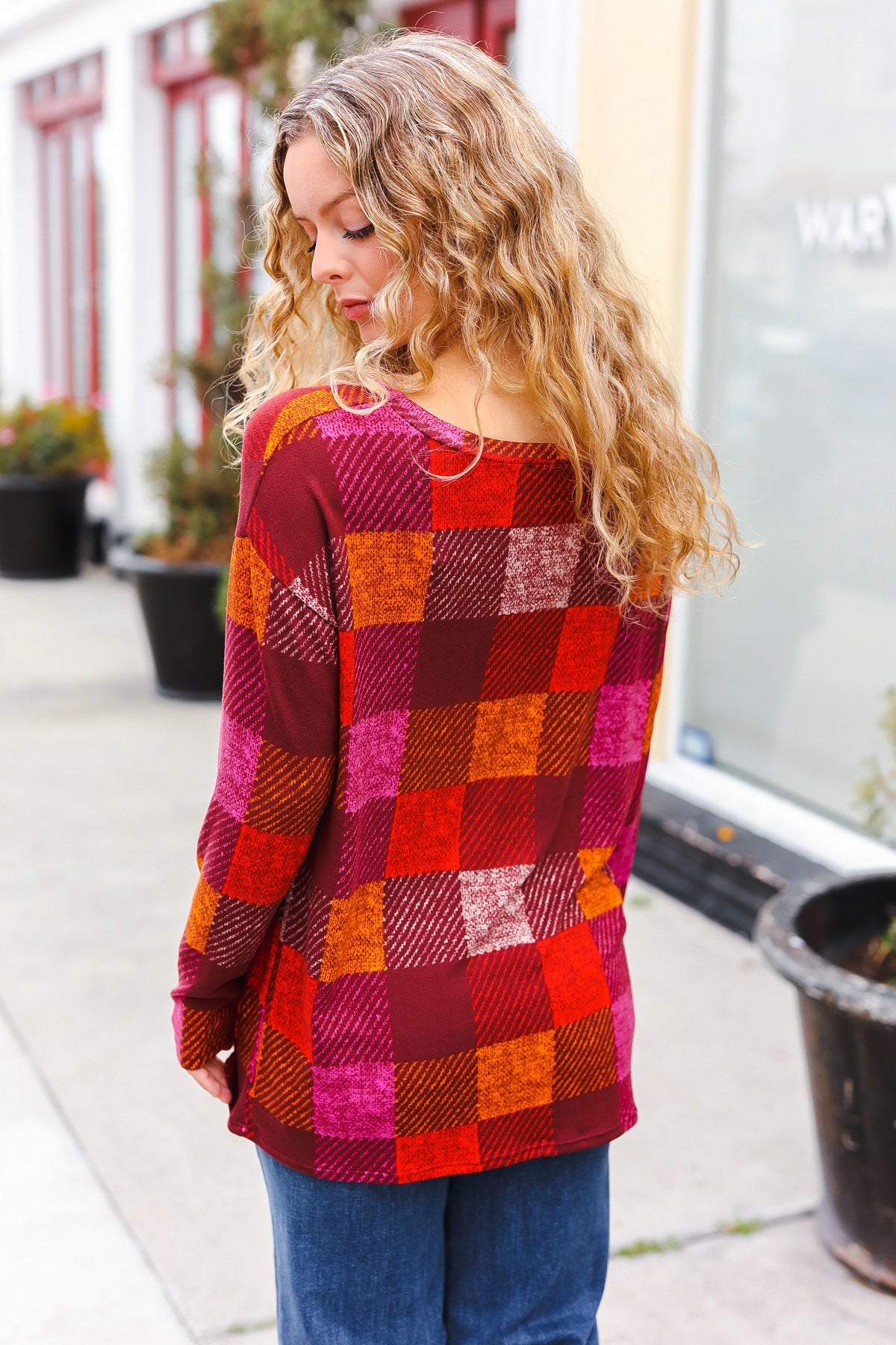 You Got This Burgundy Checker Plaid Print Hacci Knit Top