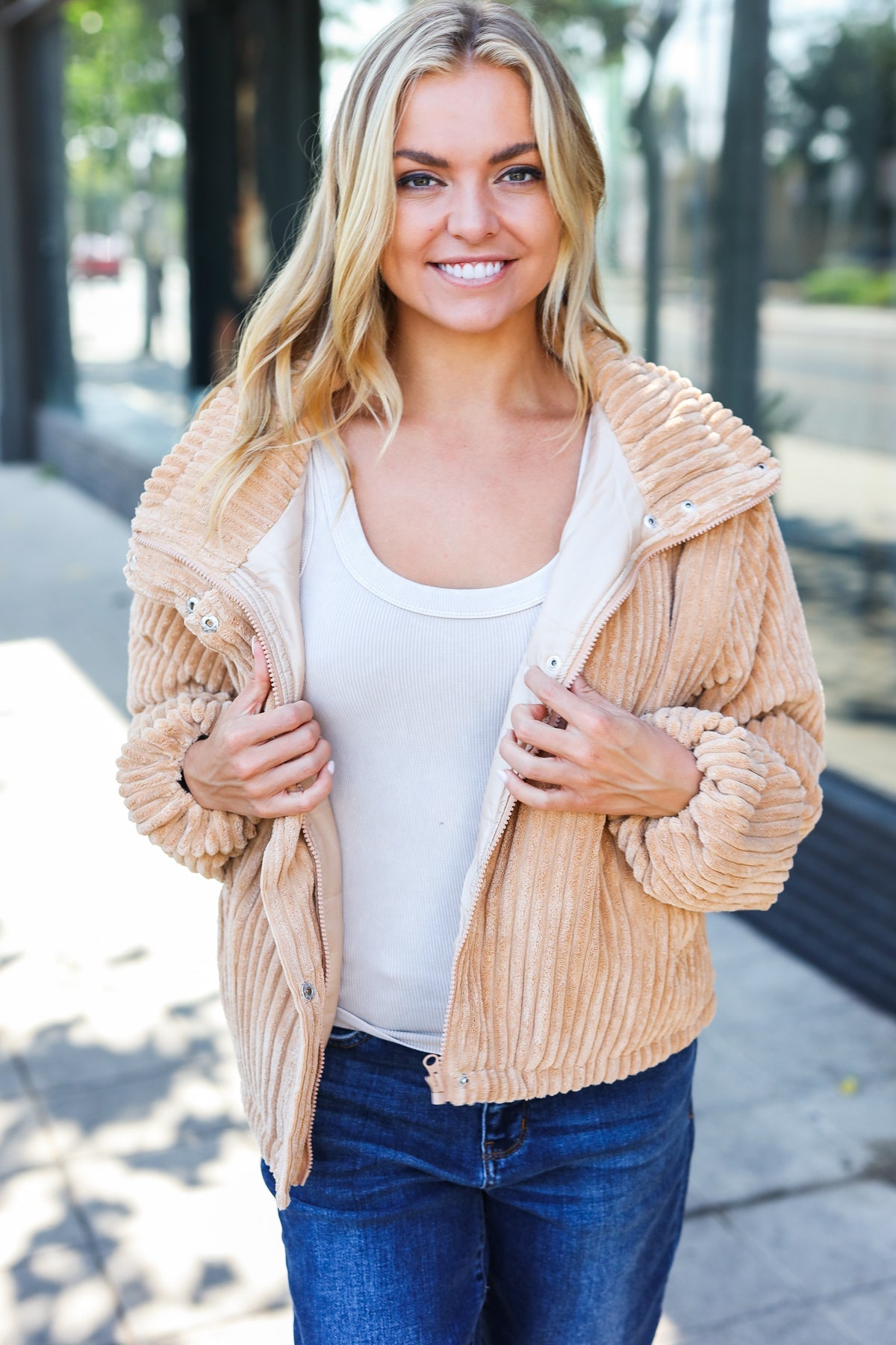 Casual Chic Latte Corduroy Ribbed High Neck Puffer Jacket