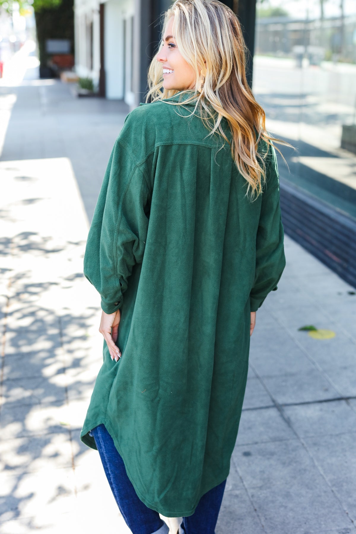 Turn Heads Forest Green Fleece Button Down Duster Jacket