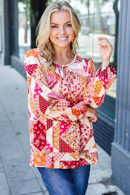 Rust & Magenta Patchwork Print Front Tie Boho Top