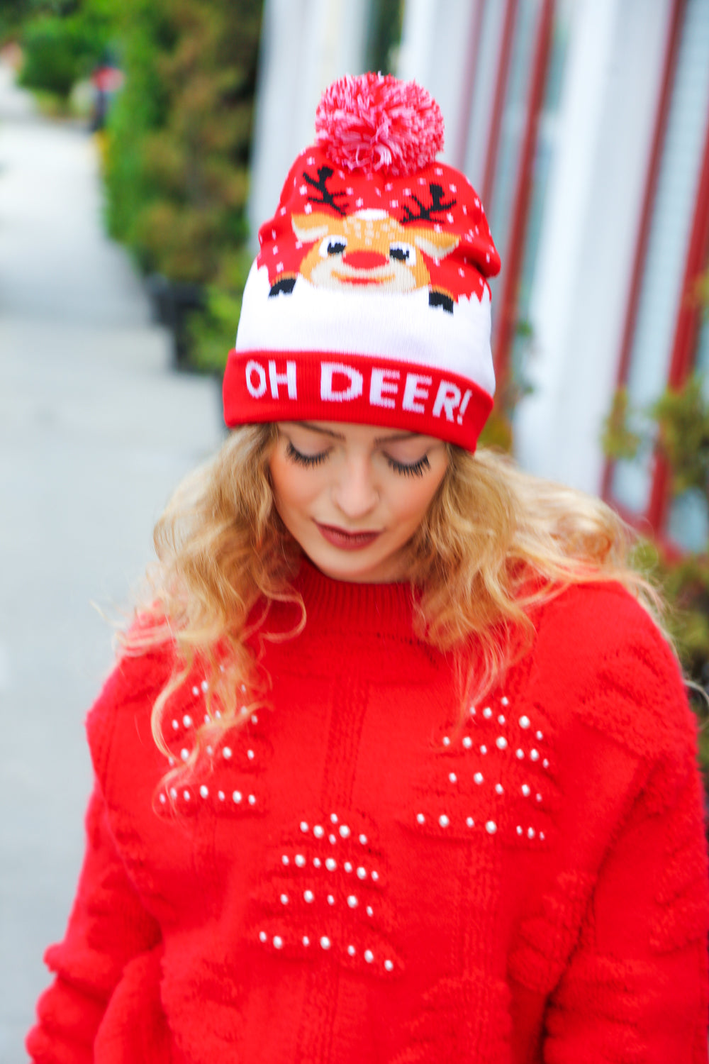 "Oh Deer" Rudolph Reindeer Pom-Pom Beanie