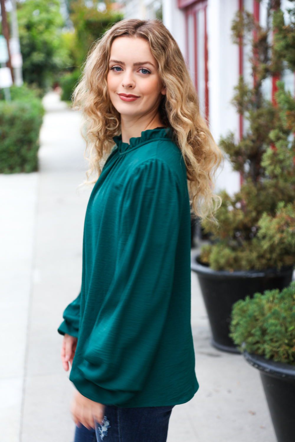 Be Merry Hunter Green Frill Mock Neck Crinkle Top