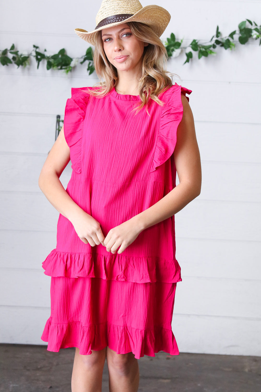 French Rose Tiered Ruffle Crinkle Dress