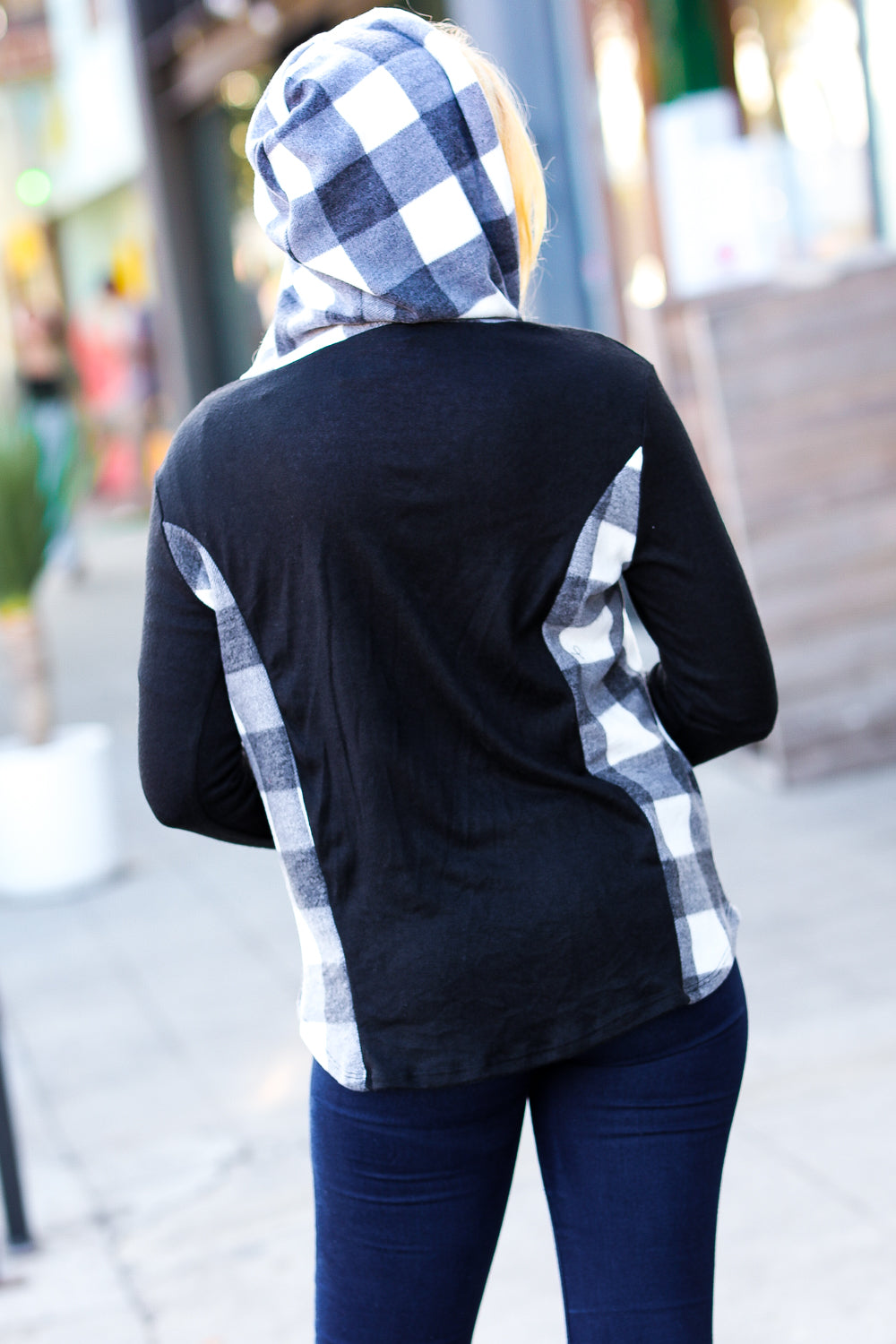 Adorable In Black & Ivory Plaid Hacci Knit Hoodie