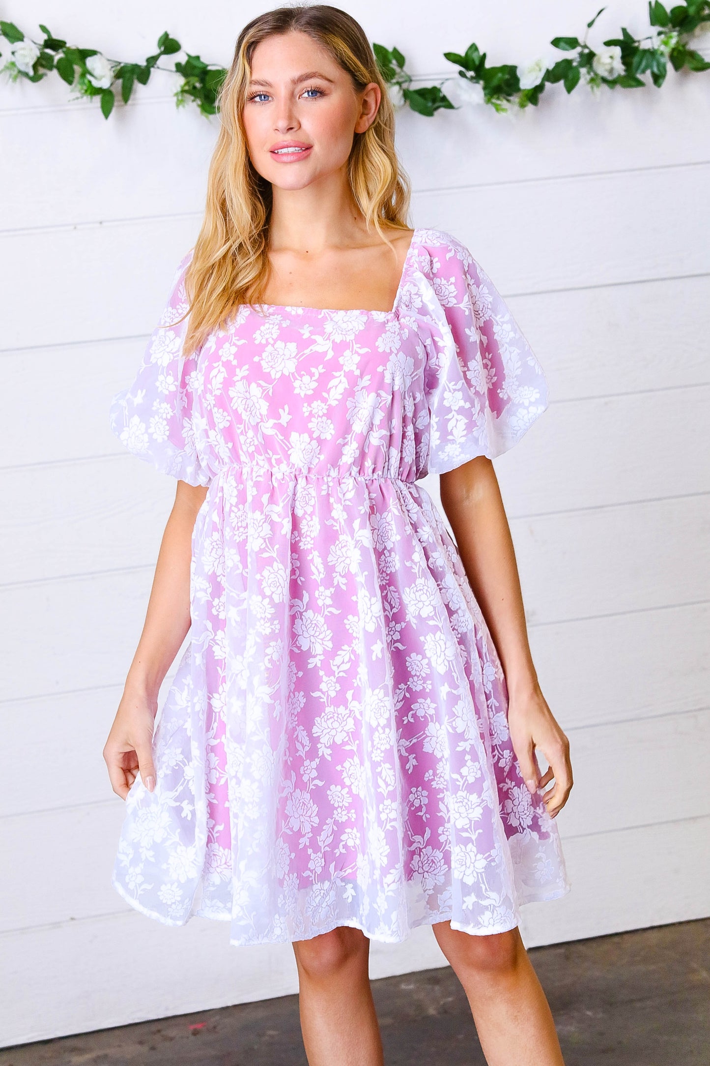 Magenta Floral Burnout Velvet Puff Sleeve Dress