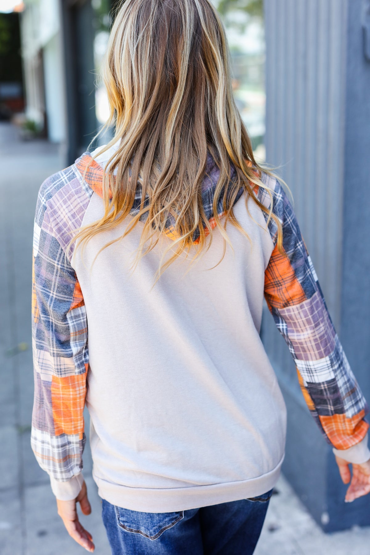 Autum Vibes Orange & Taupe Plaid Terry Kangaroo Pocket Hoodie