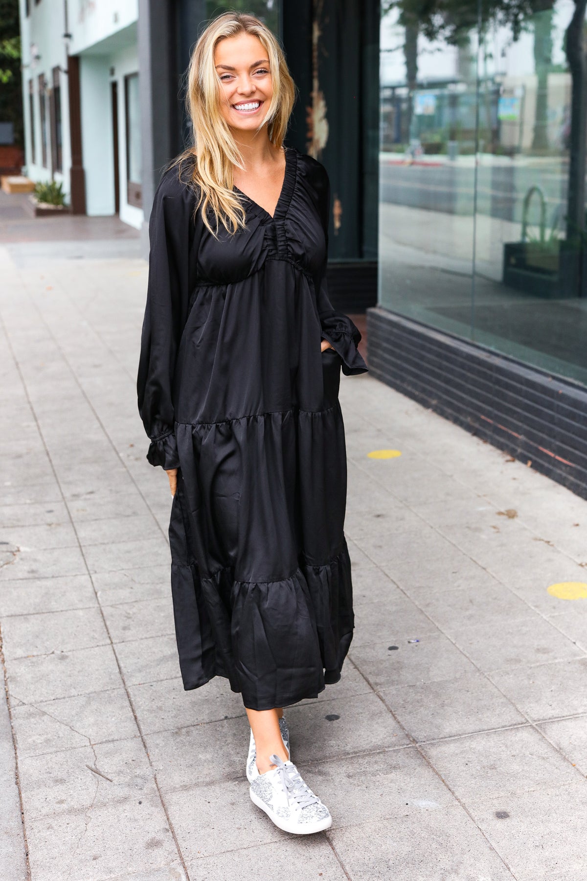 Elegant Black Elastic V Neck Tiered Satin Maxi Dress