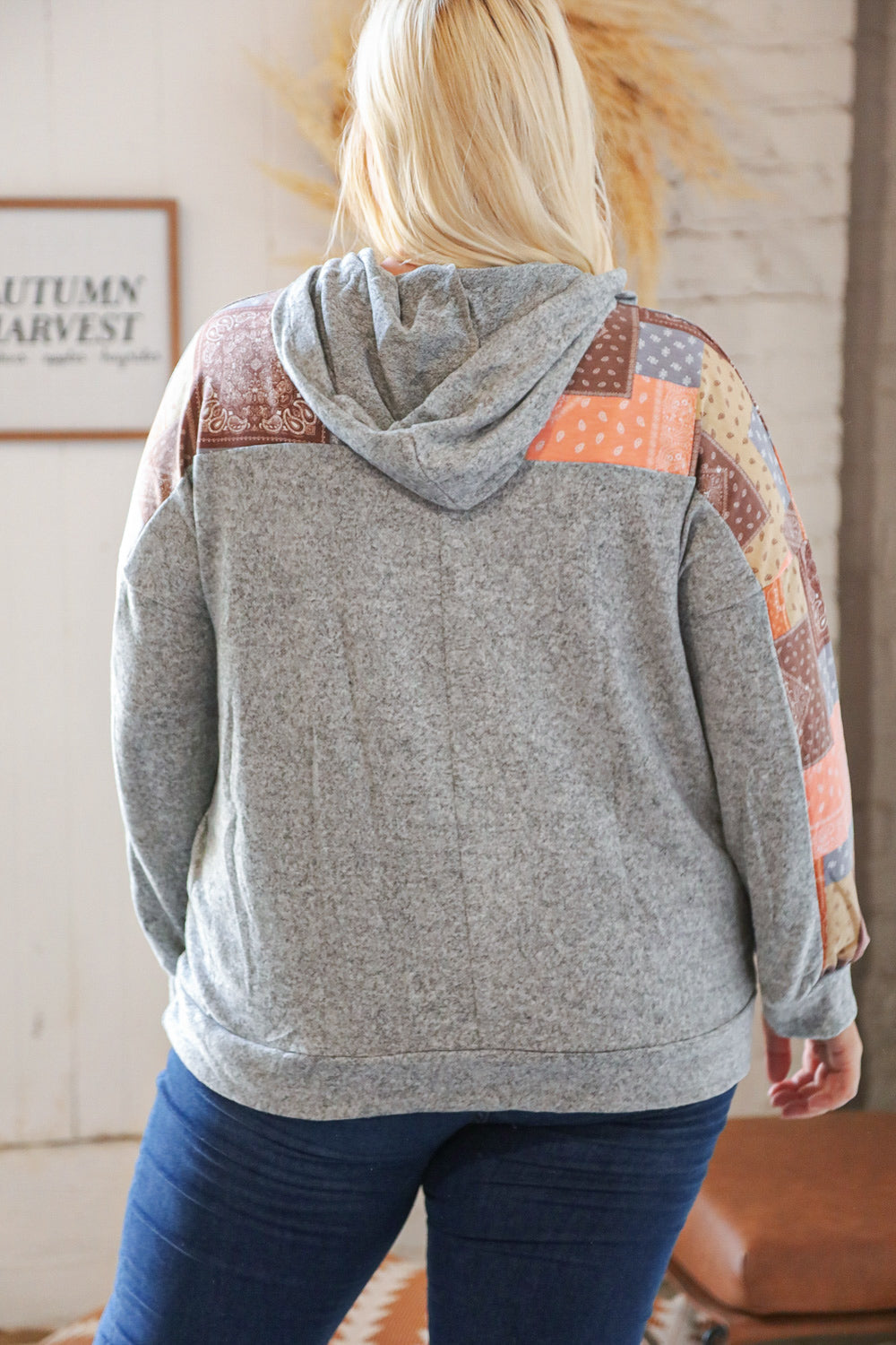 Harvest Ethnic Patchwork Print Kangaroo Pocket Hoodie