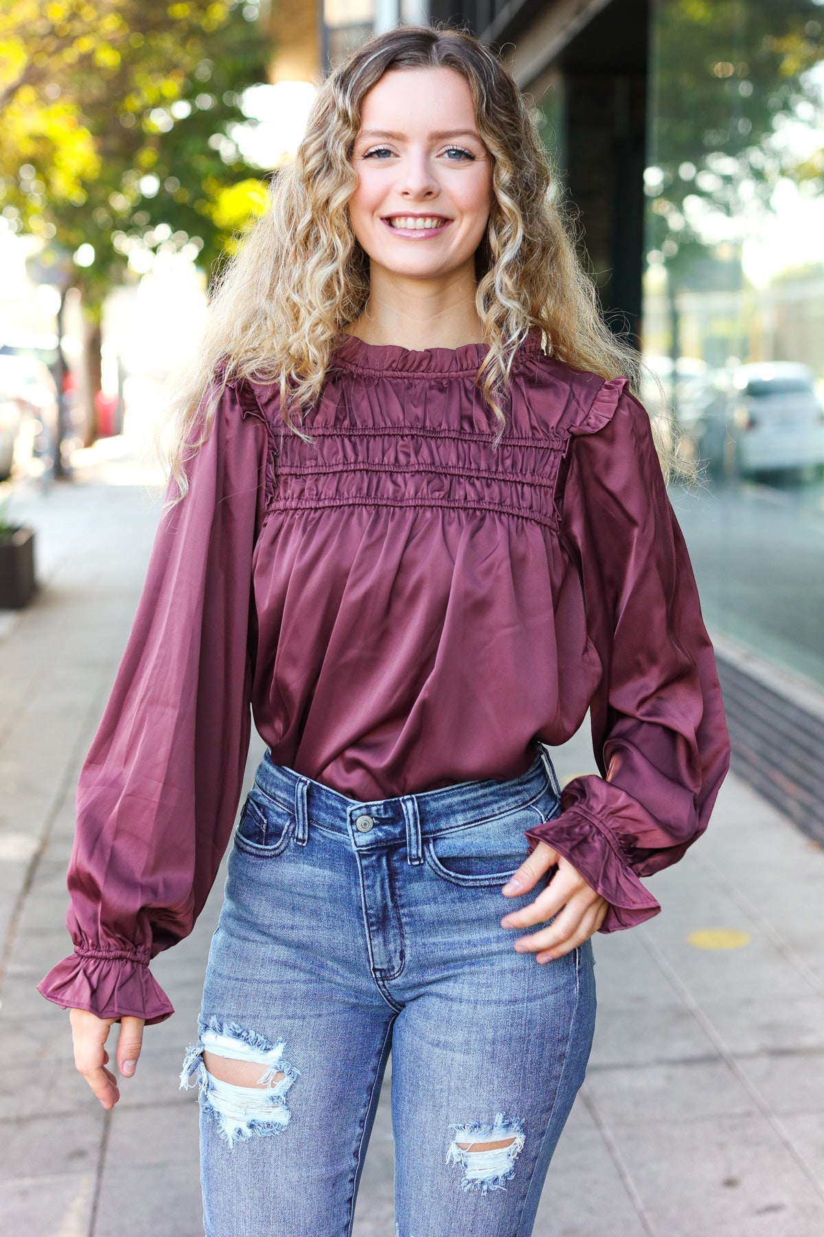 Be Your Best Wine Satin Shirred Yoke Frilled Mock Neck Top