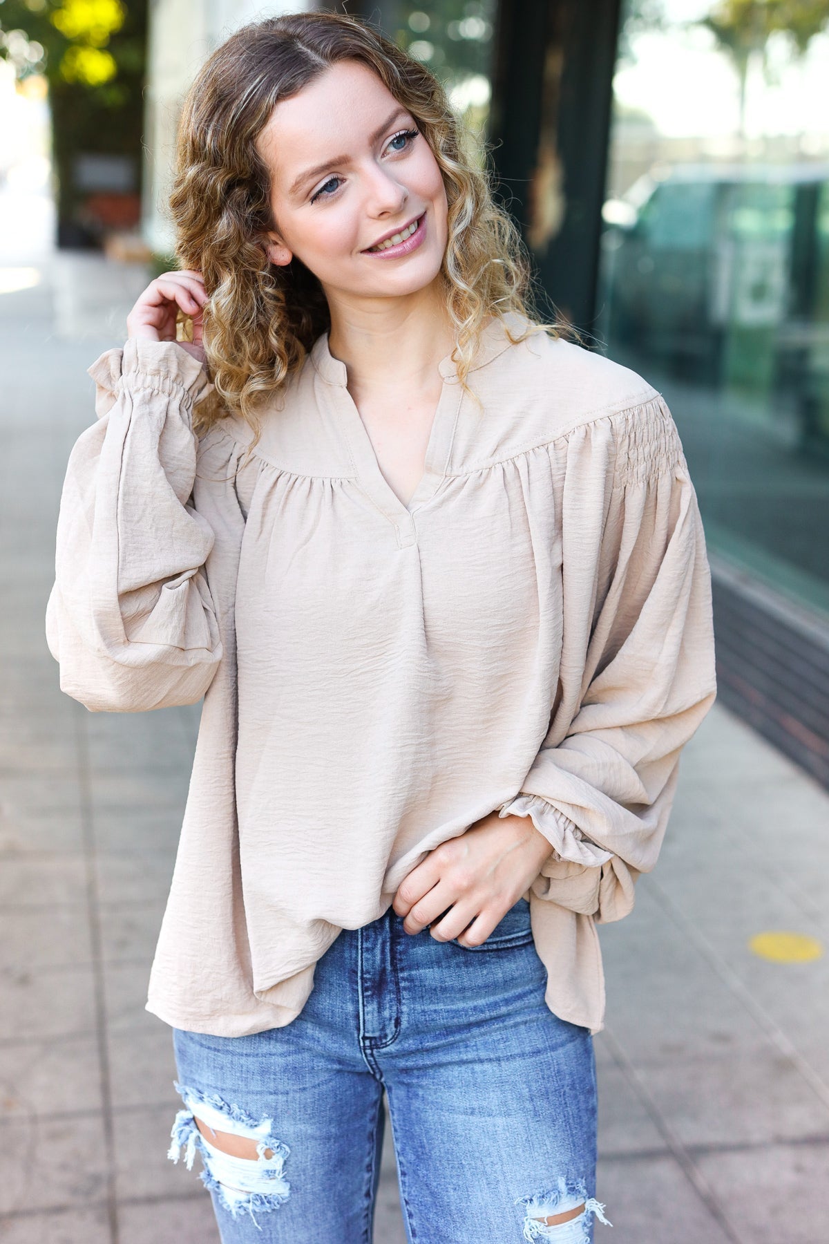 Boho Vibes Taupe Notched Neck Smocked Bubble Sleeve Top