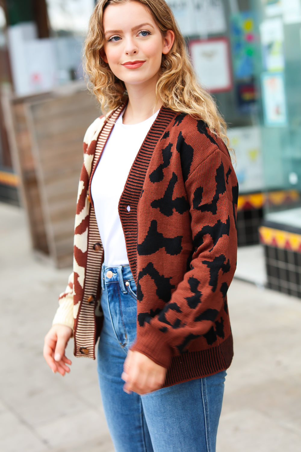 Taupe & Sepia Leopard Print Color Block Cardigan