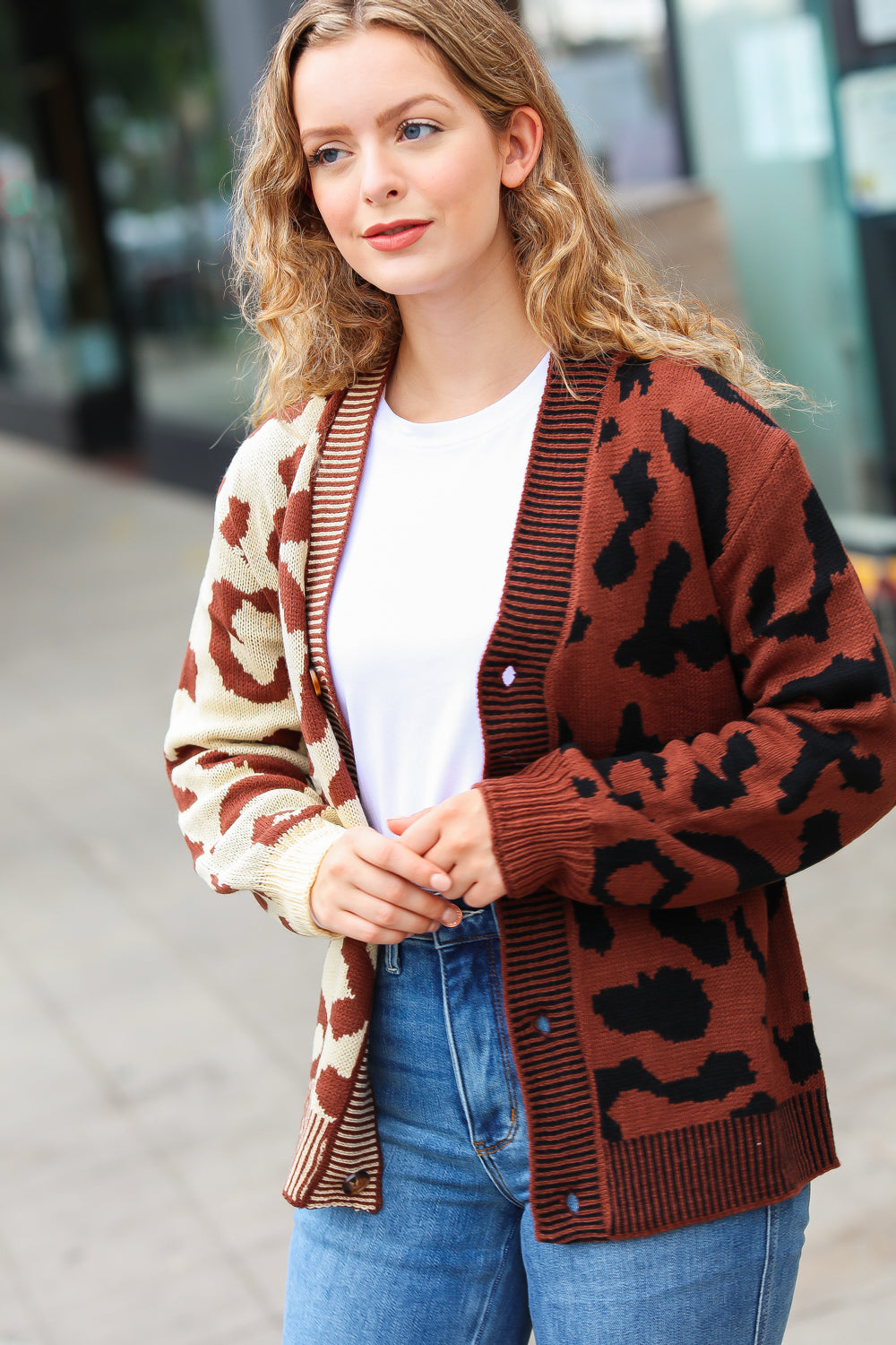 Taupe & Sepia Leopard Print Color Block Cardigan