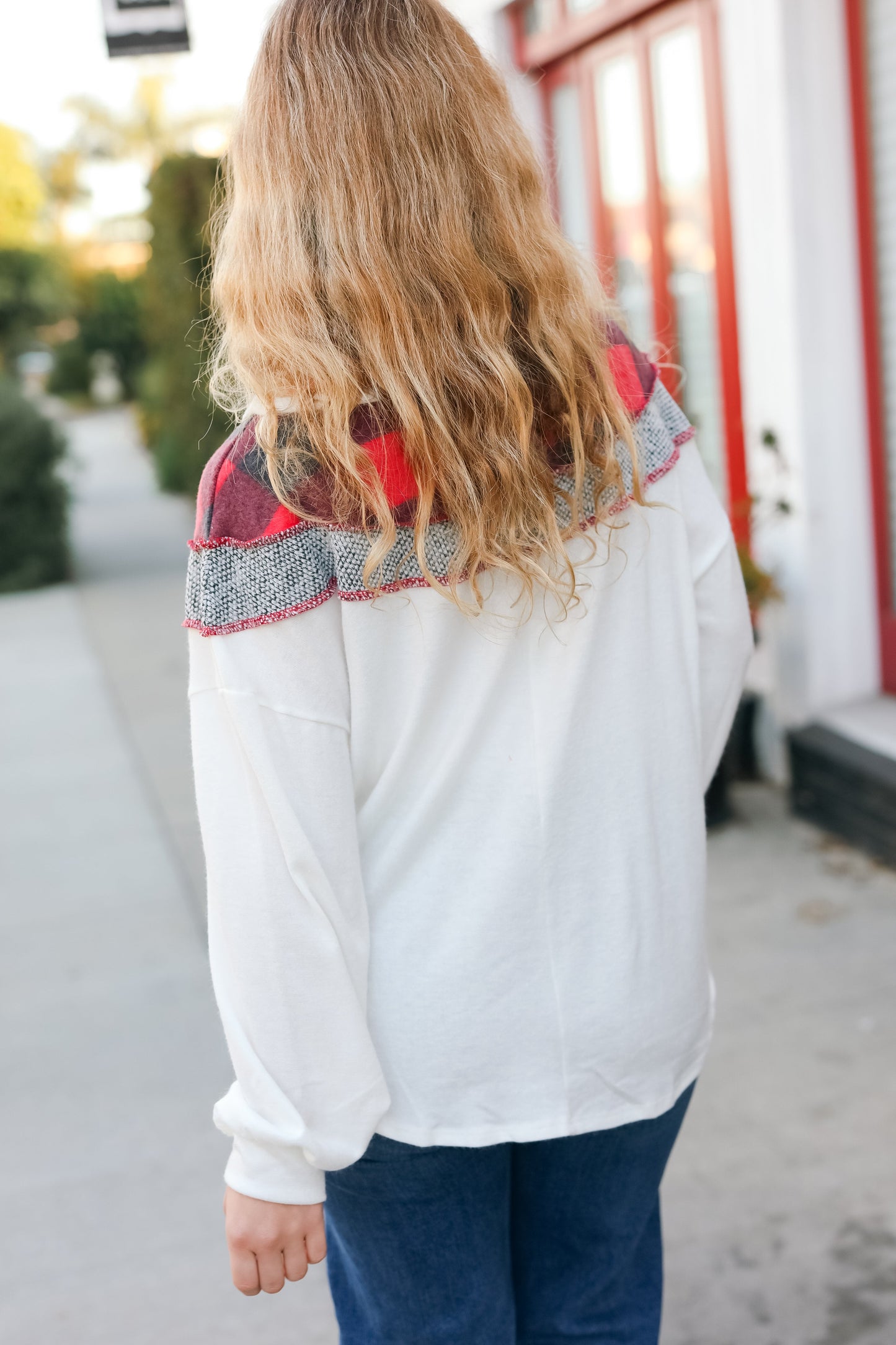 Pretty in Plaid Red & Grey Buffalo Plaid Hacci Outseam Top