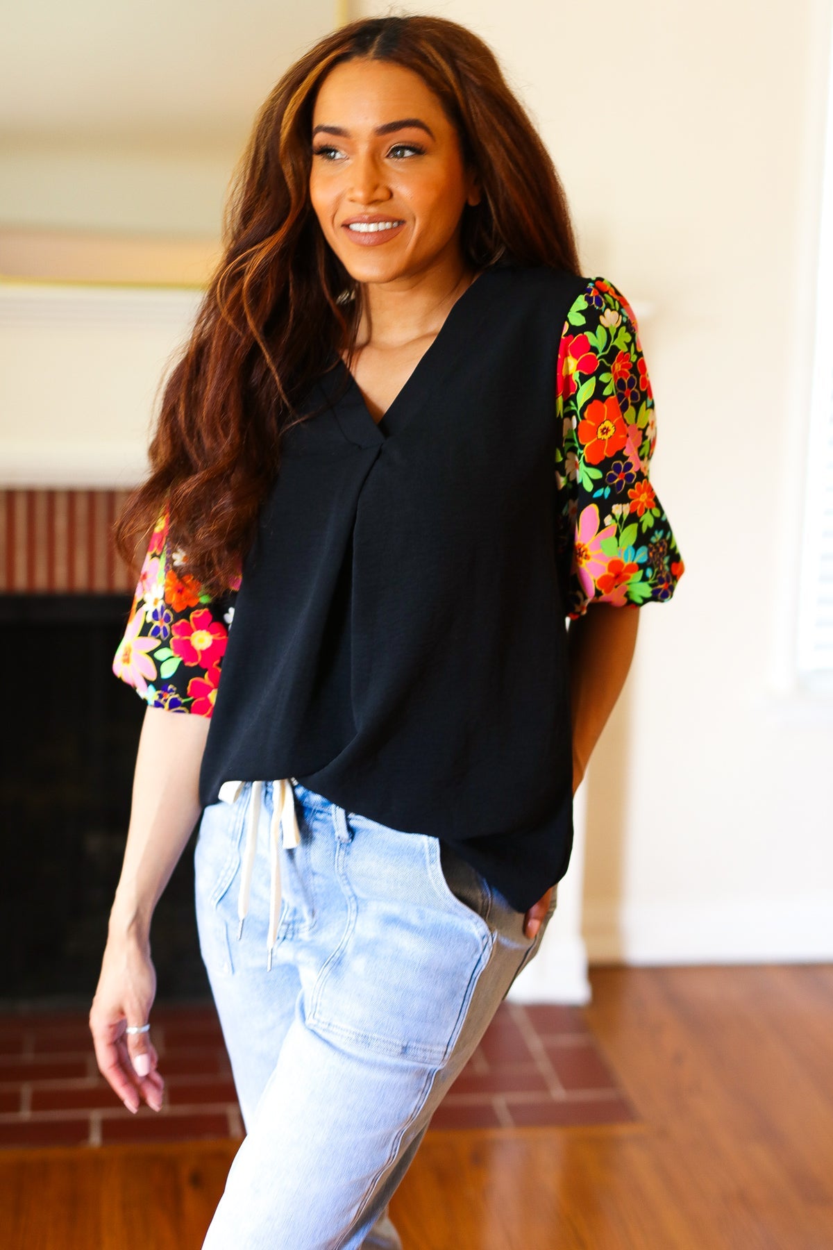 Eyes On You Black Floral Puff Sleeve V Neck Top