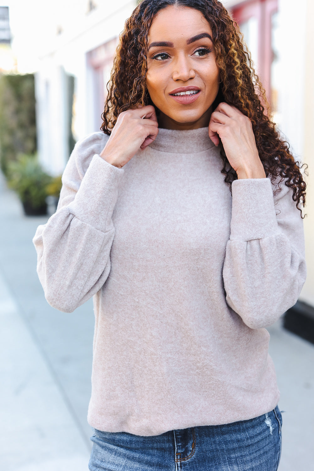 Stay Awhile Taupe Brushed Melange Puff Short Sleeve Sweater