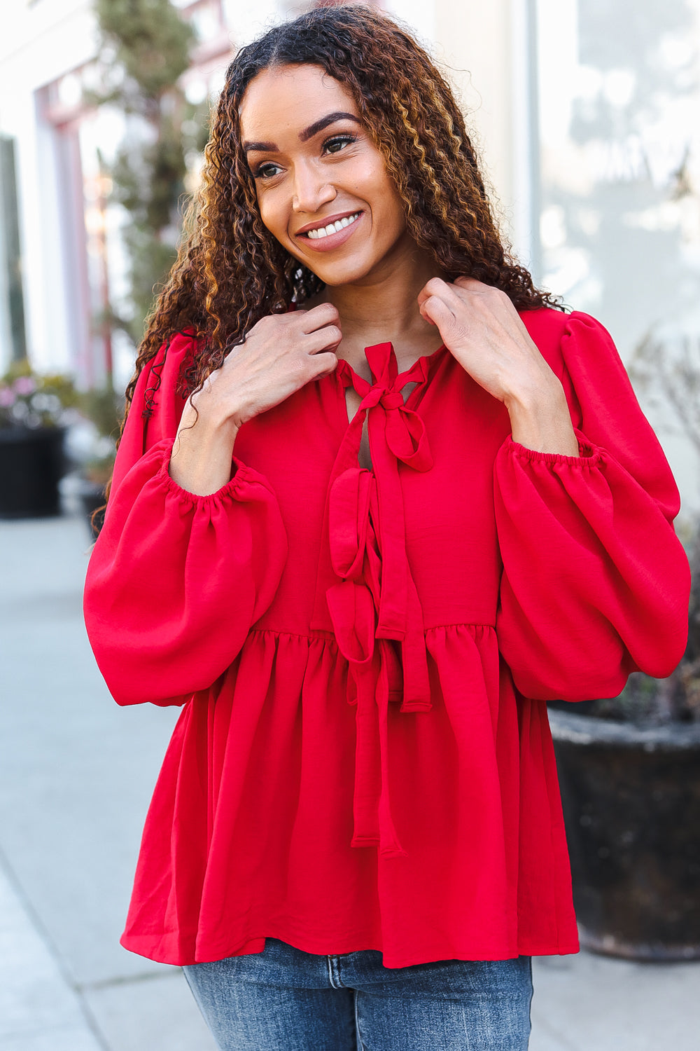 Embrace Joy Red Ribbon Bow Tie Babydoll Woven Top