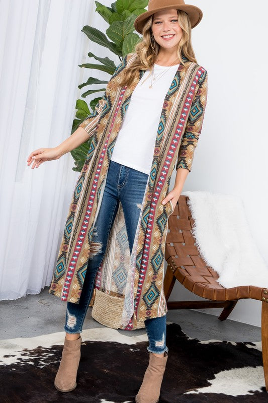 Plus Aztec print long cardigan