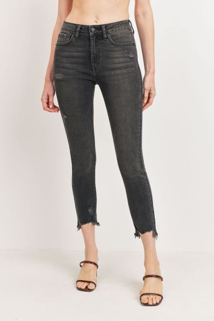 High-rise skinny jeans with distressed hem