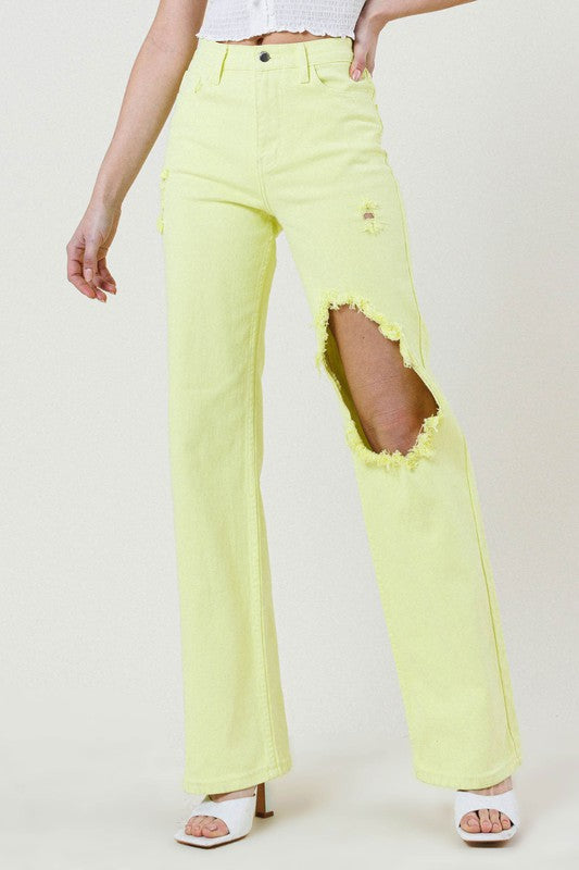 Distressed wide cut straight leg jeans