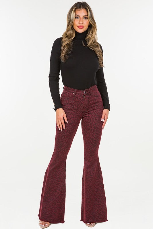 Leopard Bell Bottom Jean in Burgundy