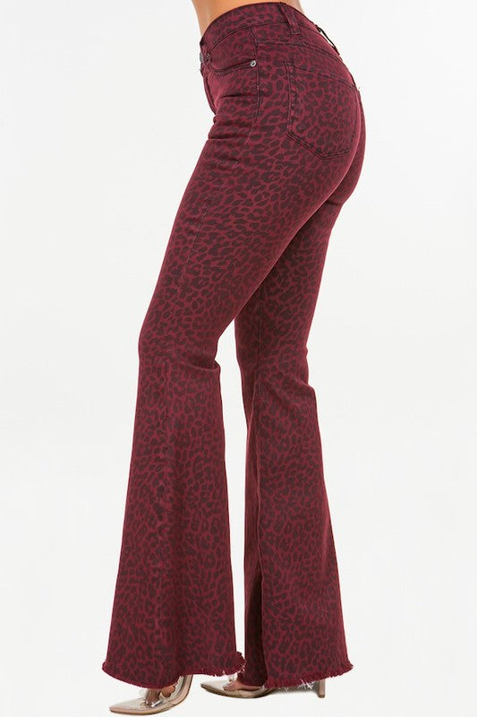 Leopard Bell Bottom Jean in Burgundy