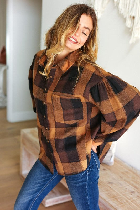 Rock'n Plaid Camel & Charcoal Button Down Oversized Shirt