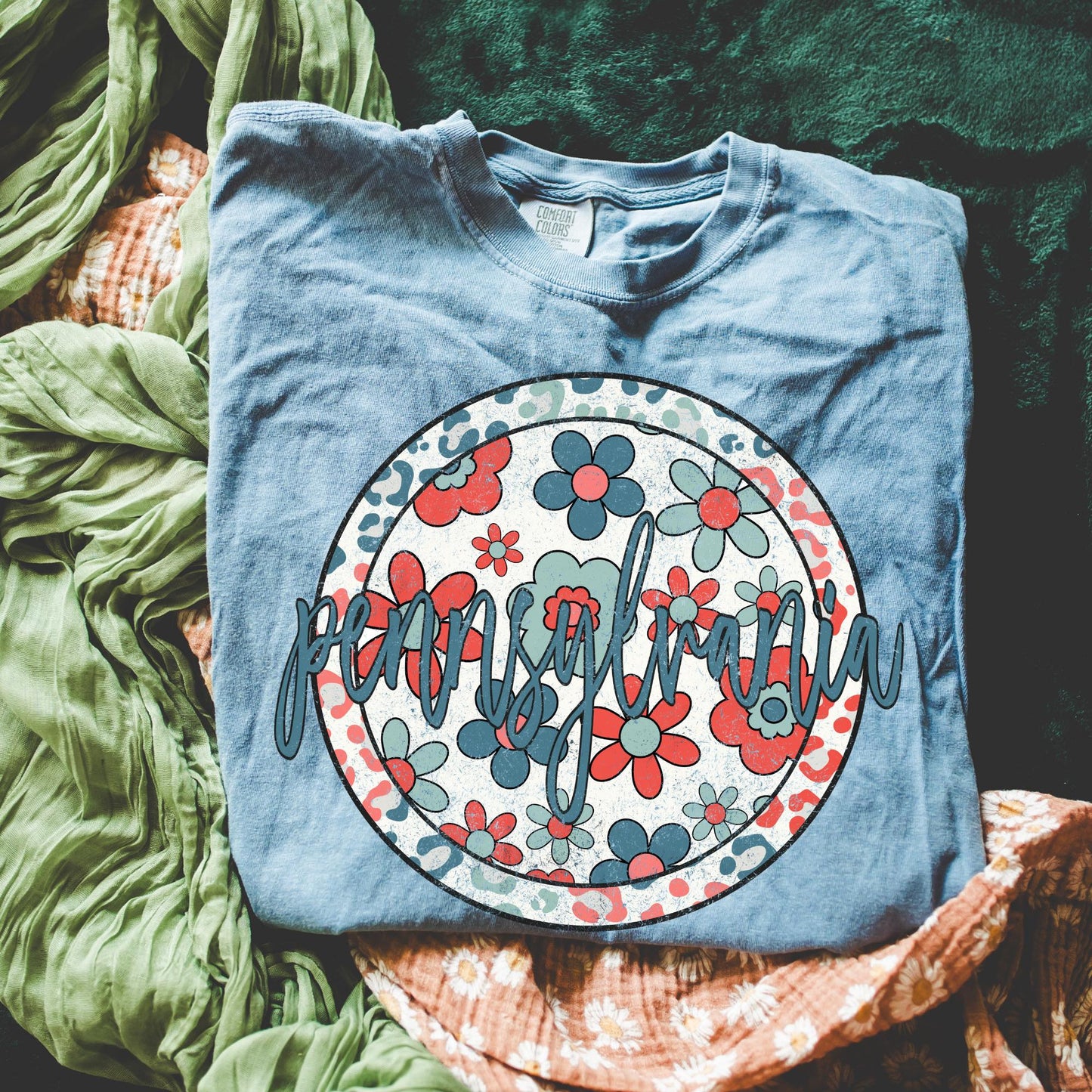 Retro Floral State Tee - Blue Jean