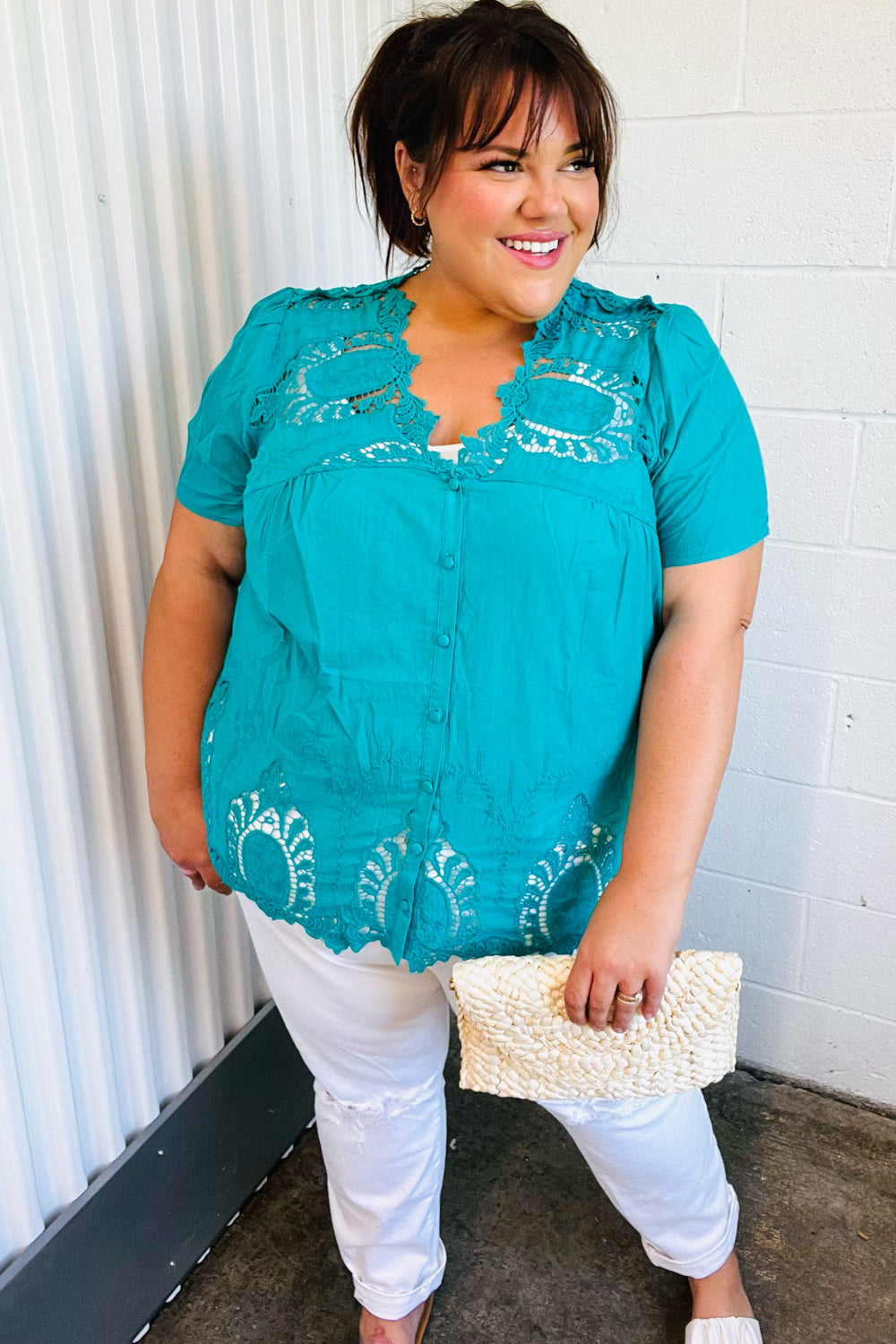 Teal Cotton Embroidered Button Down Cotton Top