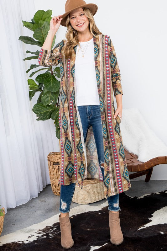 Plus Aztec print long cardigan