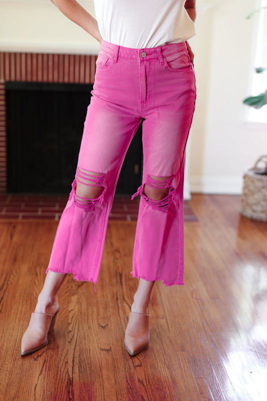 Cut Loose Hot Pink High Rise Washed Distressed Hem & Knee Cropped Pants