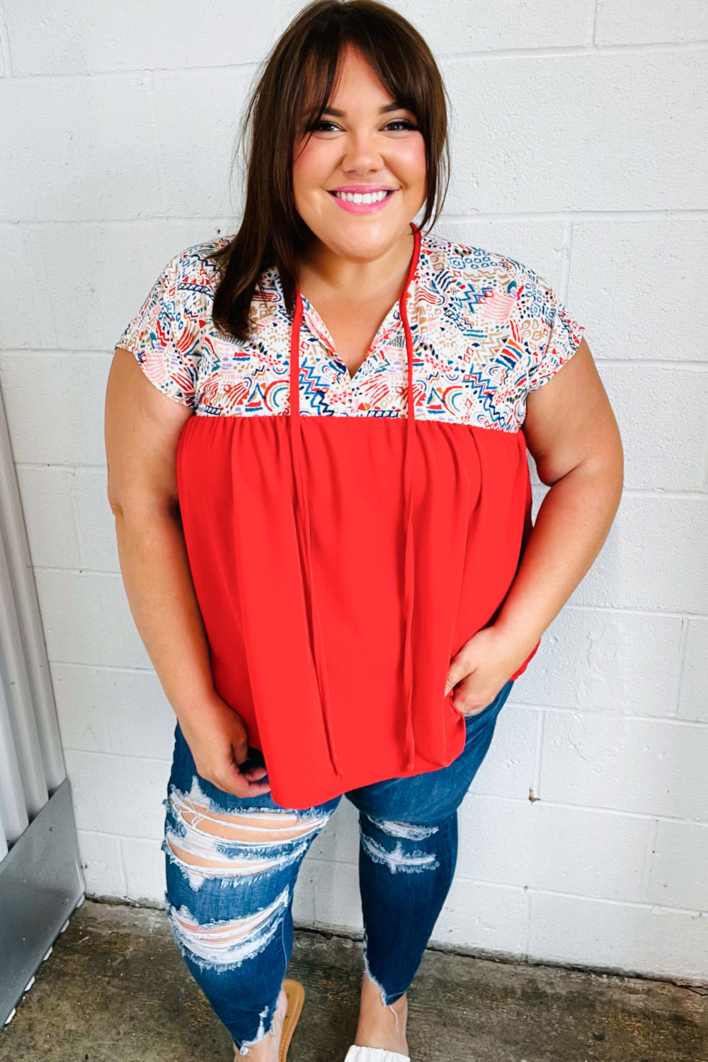 Red Boho Print Tie Neck Dolman Top